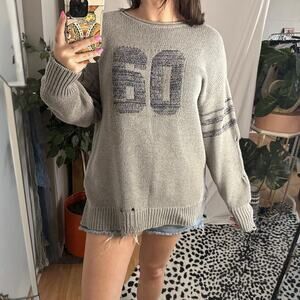BDG Warner Varsity Distressed Knit Slouchy Pullover Sweater Gray Size XS